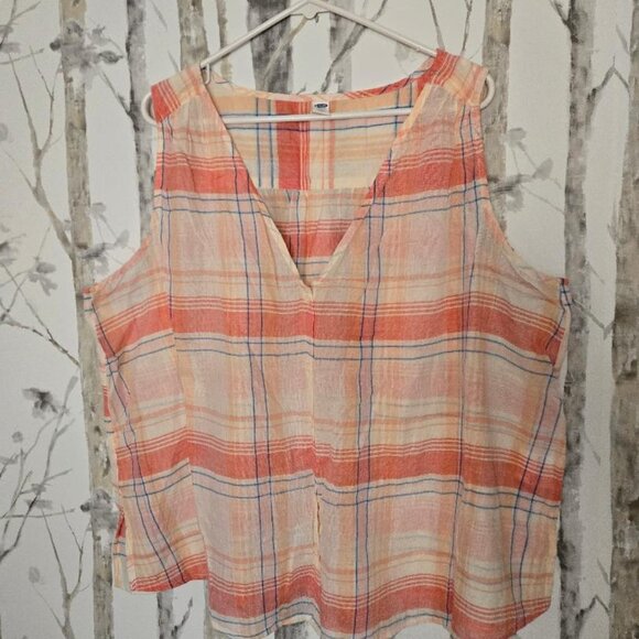 Old Navy Peach Plaid Button Down V-Neck Tank Top XXL - Picture 1 of 5